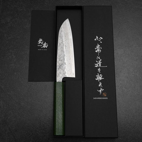 Santoku 440C Nashiji Damascus Green Urushi Handle 165mm