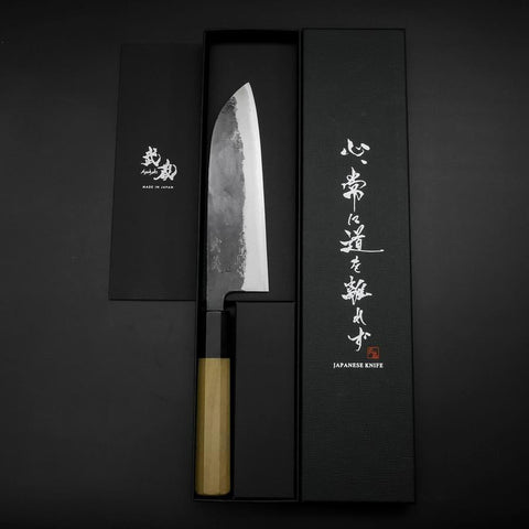 Santoku Blue Steel #1 Kurouchi Buffalo Magnolia Handle 165mm
