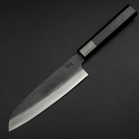 Santoku Blue Steel #1 Stainless Clad Kurouchi Dark Blue Urushi Handle 170mm