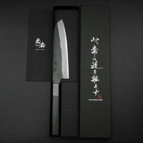Santoku Blue Steel #1 Stainless Clad Kurouchi Green Urushi Handle 170mm