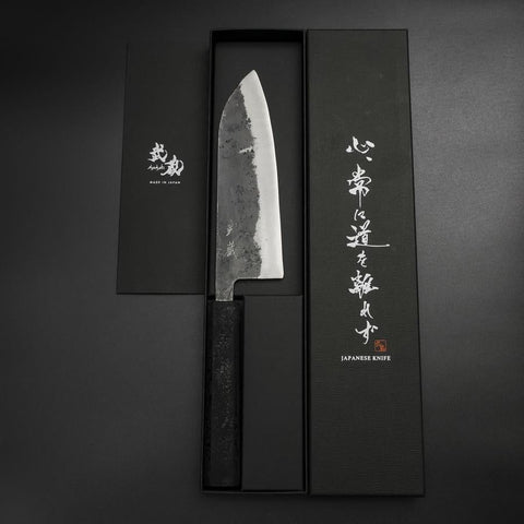 Santoku Blue Steel #2 Kurouchi Black Ishime Urushi Handle 165mm