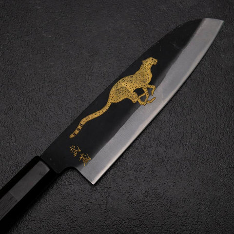 Santoku Blue Steel #2 Kurouchi Chokin Cheetah Buffalo Ebony Handle 165mm