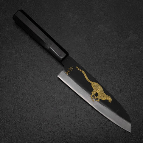Santoku Blue Steel #2 Kurouchi Chokin Cheetah Buffalo Ebony Handle 165mm