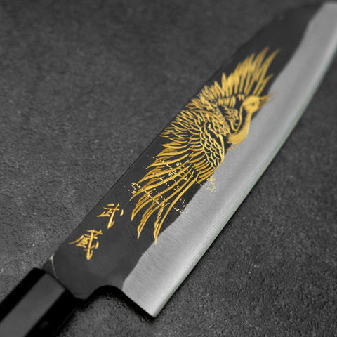 Santoku Blue Steel #2 Kurouchi Chokin Crane Buffalo Ebony Handle 165mm