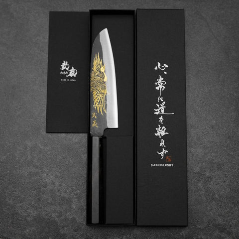 Santoku Blue Steel #2 Kurouchi Chokin Crane Buffalo Ebony Handle 165mm
