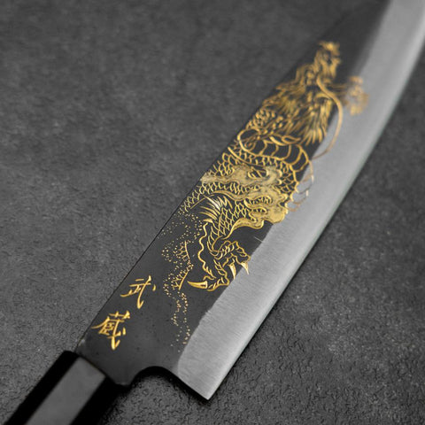 Santoku Blue Steel #2 Kurouchi Chokin Dragon Buffalo Ebony Handle 165mm