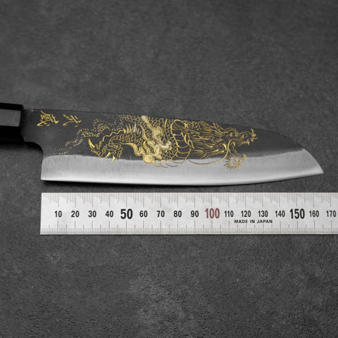 Santoku Blue Steel #2 Kurouchi Chokin Dragon Buffalo Ebony Handle 165mm