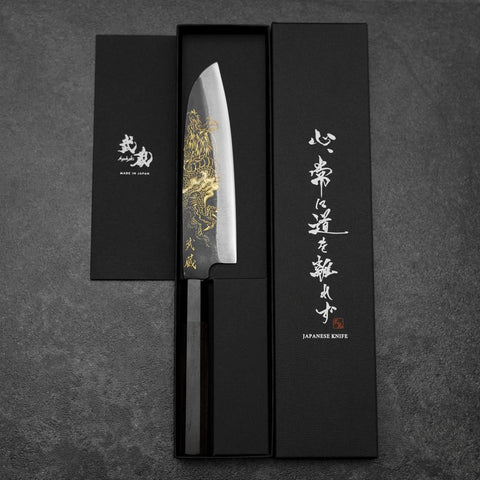 Santoku Blue Steel #2 Kurouchi Chokin Dragon Buffalo Ebony Handle 165mm