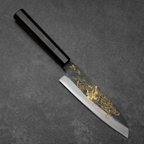 Santoku Blue Steel #2 Kurouchi Chokin Dragon Buffalo Ebony Handle 165mm
