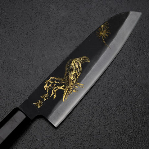 Santoku Blue Steel #2 Kurouchi Chokin Eagle Pine Buffalo Ebony Handle 165mm