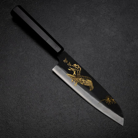 Santoku Blue Steel #2 Kurouchi Chokin Eagle Pine Buffalo Ebony Handle 165mm