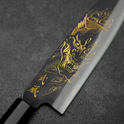 Santoku Blue Steel #2 Kurouchi Chokin Hannya Buffalo Ebony Handle 165mm