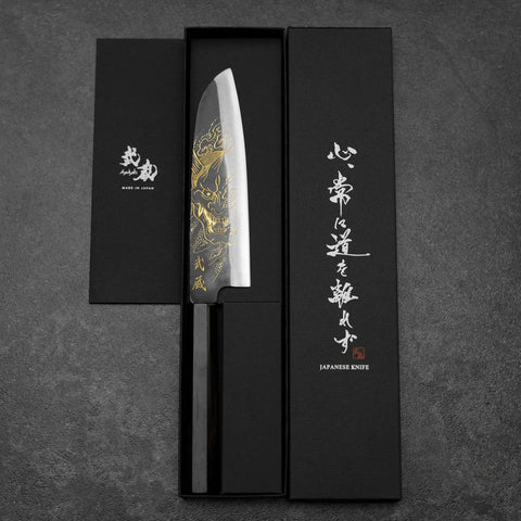 Santoku Blue Steel #2 Kurouchi Chokin Hannya Buffalo Ebony Handle 165mm