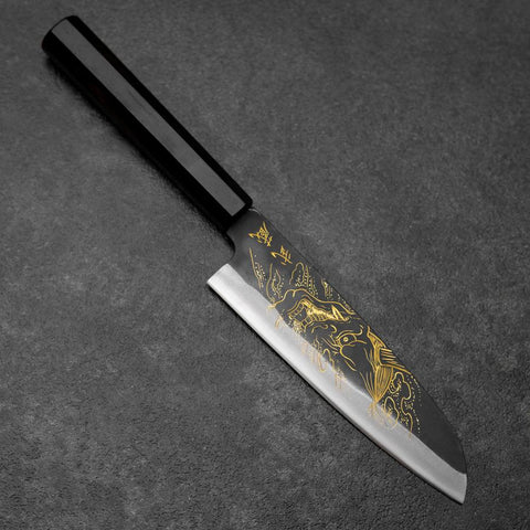 Santoku Blue Steel #2 Kurouchi Chokin Hannya Buffalo Ebony Handle 165mm