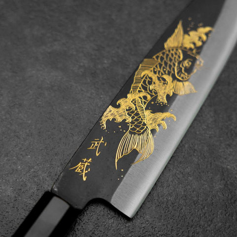 Santoku Blue Steel #2 Kurouchi Chokin Koi Buffalo Ebony Handle 165mm