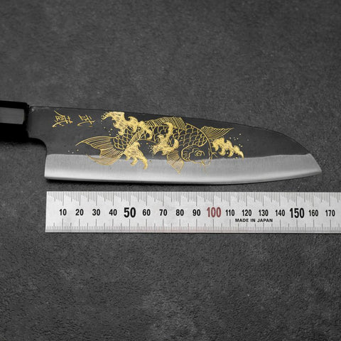Santoku Blue Steel #2 Kurouchi Chokin Koi Buffalo Ebony Handle 165mm