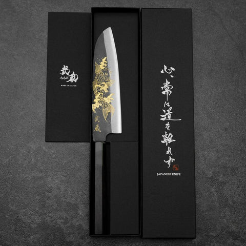 Santoku Blue Steel #2 Kurouchi Chokin Koi Buffalo Ebony Handle 165mm
