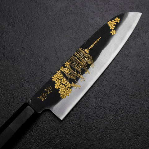 Santoku Blue Steel #2 Kurouchi Chokin Pagoda Sakura Buffalo Ebony Handle 165mm