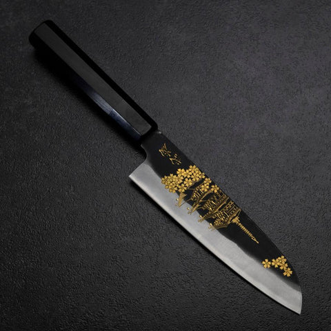 Santoku Blue Steel #2 Kurouchi Chokin Pagoda Sakura Buffalo Ebony Handle 165mm