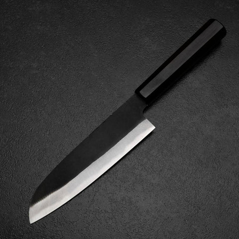 Santoku Blue Steel #2 Kurouchi Chokin Samurai Full Moon Buffalo Ebony Handle 165mm