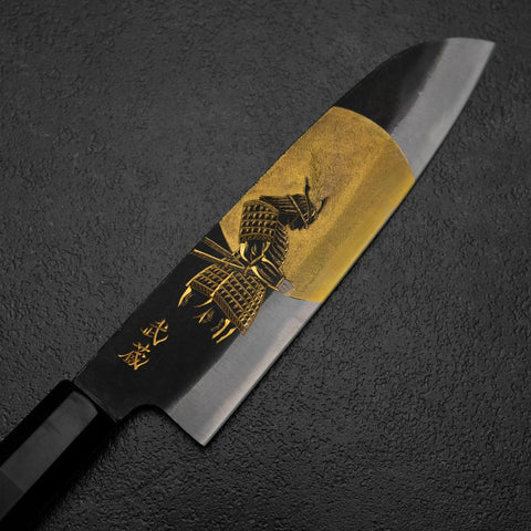Santoku Blue Steel #2 Kurouchi Chokin Samurai Full Moon Buffalo Ebony Handle 165mm