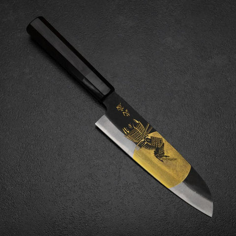 Santoku Blue Steel #2 Kurouchi Chokin Samurai Full Moon Buffalo Ebony Handle 165mm