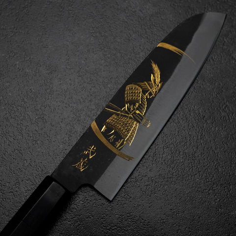 Santoku Blue Steel #2 Kurouchi Chokin Samurai New Moon Buffalo Ebony Handle 165mm