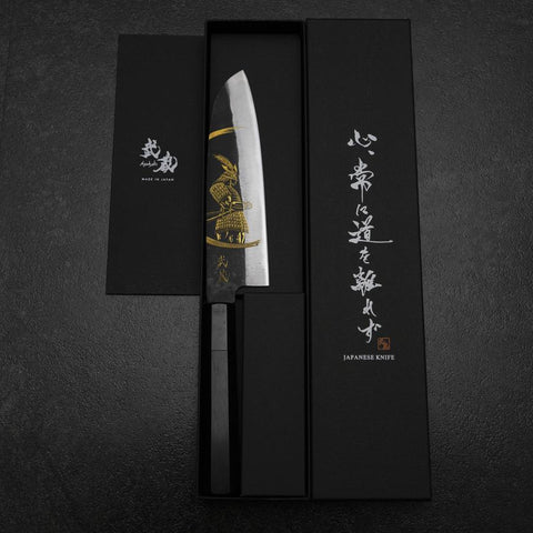 Santoku Blue Steel #2 Kurouchi Chokin Samurai New Moon Buffalo Ebony Handle 165mm