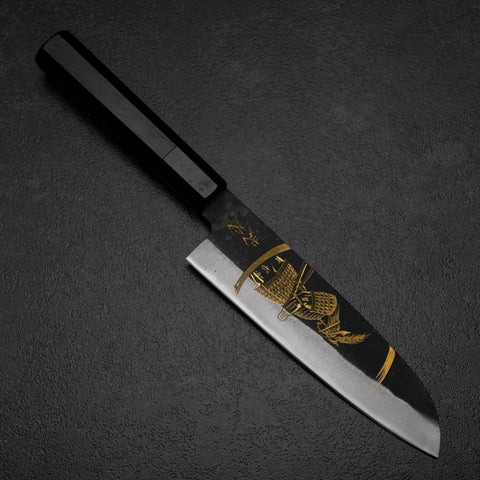 Santoku Blue Steel #2 Kurouchi Chokin Samurai New Moon Buffalo Ebony Handle 165mm