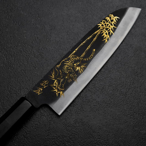 Santoku Blue Steel #2 Kurouchi Chokin Tiger-Bamboo Buffalo Ebony Handle 165mm