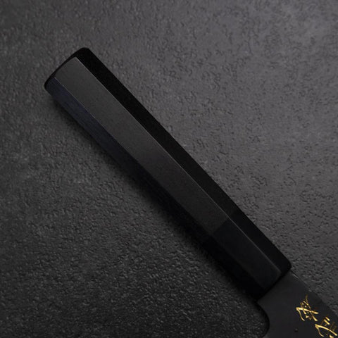 Santoku Blue Steel #2 Kurouchi Chokin Tiger-Bamboo Buffalo Ebony Handle 165mm