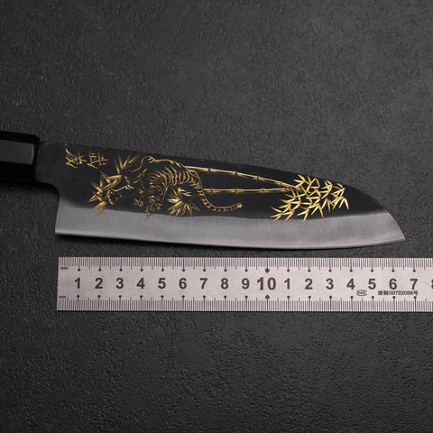 Santoku Blue Steel #2 Kurouchi Chokin Tiger-Bamboo Buffalo Ebony Handle 165mm