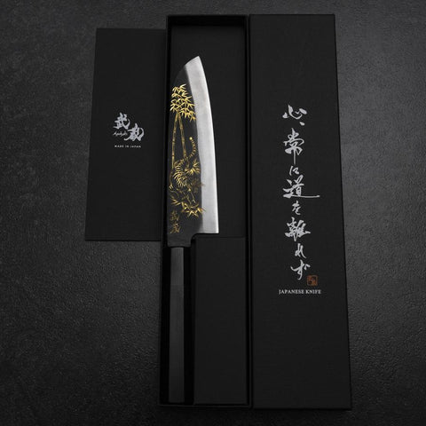 Santoku Blue Steel #2 Kurouchi Chokin Tiger-Bamboo Buffalo Ebony Handle 165mm