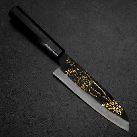 Santoku Blue Steel #2 Kurouchi Chokin Tiger-Bamboo Buffalo Ebony Handle 165mm