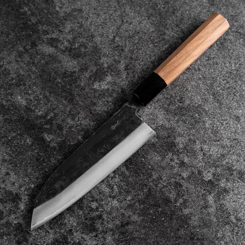 Santoku Blue Steel #2 Kurouchi Damascus Buffalo Walnut Handle 165mm (6.5”)