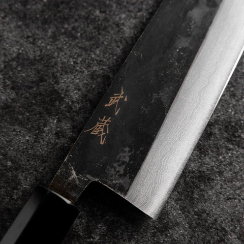 Santoku Blue Steel #2 Kurouchi Damascus Buffalo Walnut Handle 165mm (6.5”)