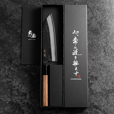 Santoku Blue Steel #2 Kurouchi Damascus Buffalo Walnut Handle 165mm (6.5”)