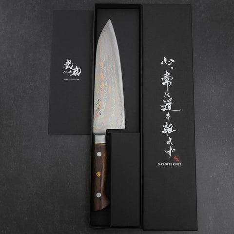 Santoku Blue Steel #2 Stainless Clad Colored Damascus Western Ironwood Handle 180mm