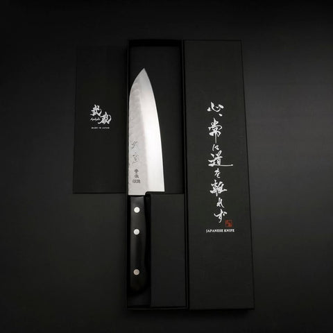 Santoku Blue Steel #2 Stainless Clad Tsuchime Western Handle Black 165mm
