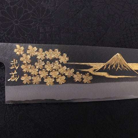 Santoku Blue Steel #2 Kurouchi Chokin Sakura-Fuji Buffalo Ebony Handle 170mm