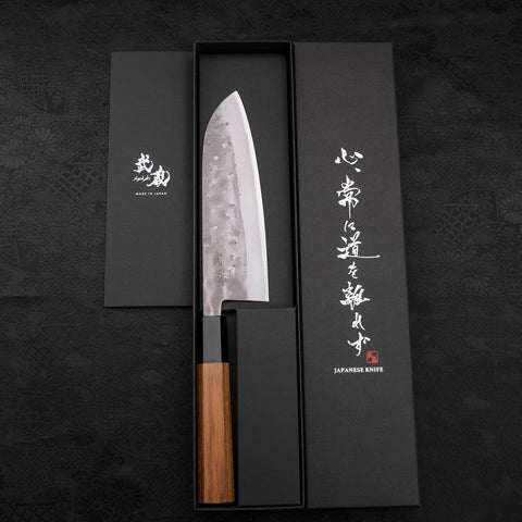 Santoku Blue Steel #2 Nashiji Stainless Clad Buffalo Teak Handle 165mm