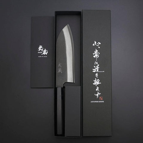 Santoku Cobalt Stainless HRC62 Kurouchi Damascus  Buffalo Ebony Handle 165mm