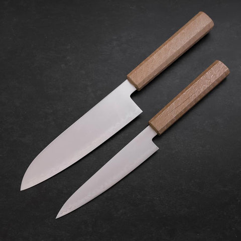 Santoku & Petty Chromax Polished White Urushi Handle Sakura set