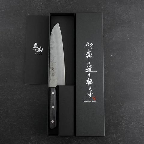 Santoku Silver Steel #3 Nashiji Western Purple Handle 180mm (Tsuba-Nashi)