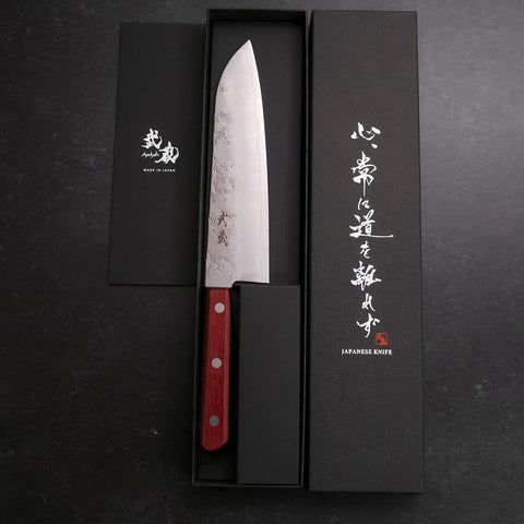 Santoku Silver Steel #3 Nashiji Western Red Handle 180mm (Tsuba-Nashi)