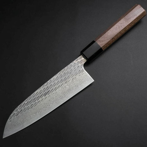 Santoku AUS-10 Nawame Damasco Mango de Búfalo Nogal 165mm