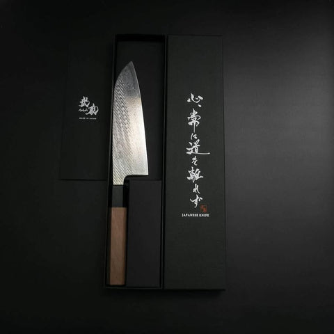 Santoku AUS-10 Nawame Damasco Mango de Búfalo Nogal 165mm