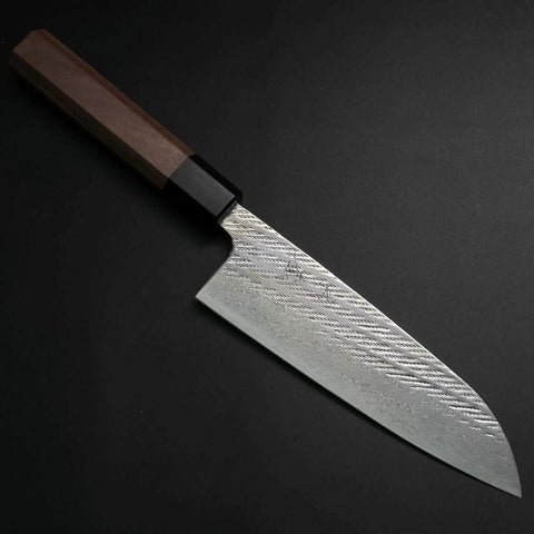 Santoku AUS-10 Nawame Damasco Mango de Búfalo Nogal 165mm