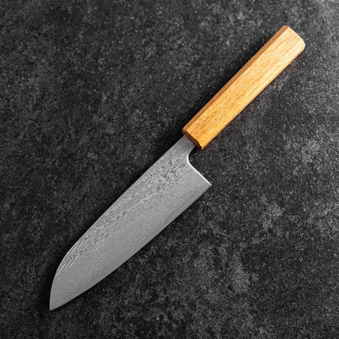Santoku AUS-10 Nawame Damasco Mango de Roble 165mm