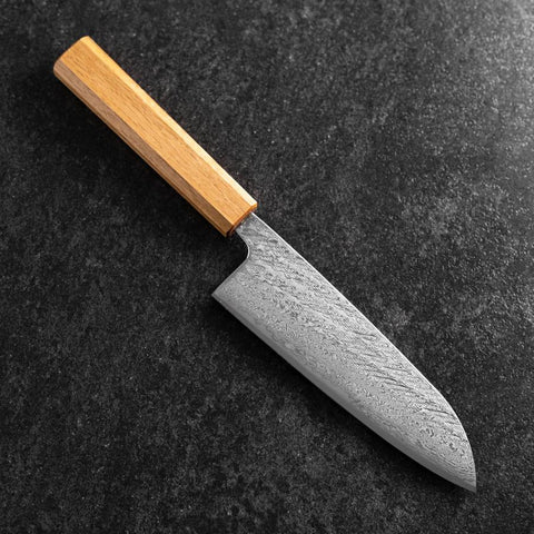 Santoku AUS-10 Nawame Damasco Mango de Roble 165mm